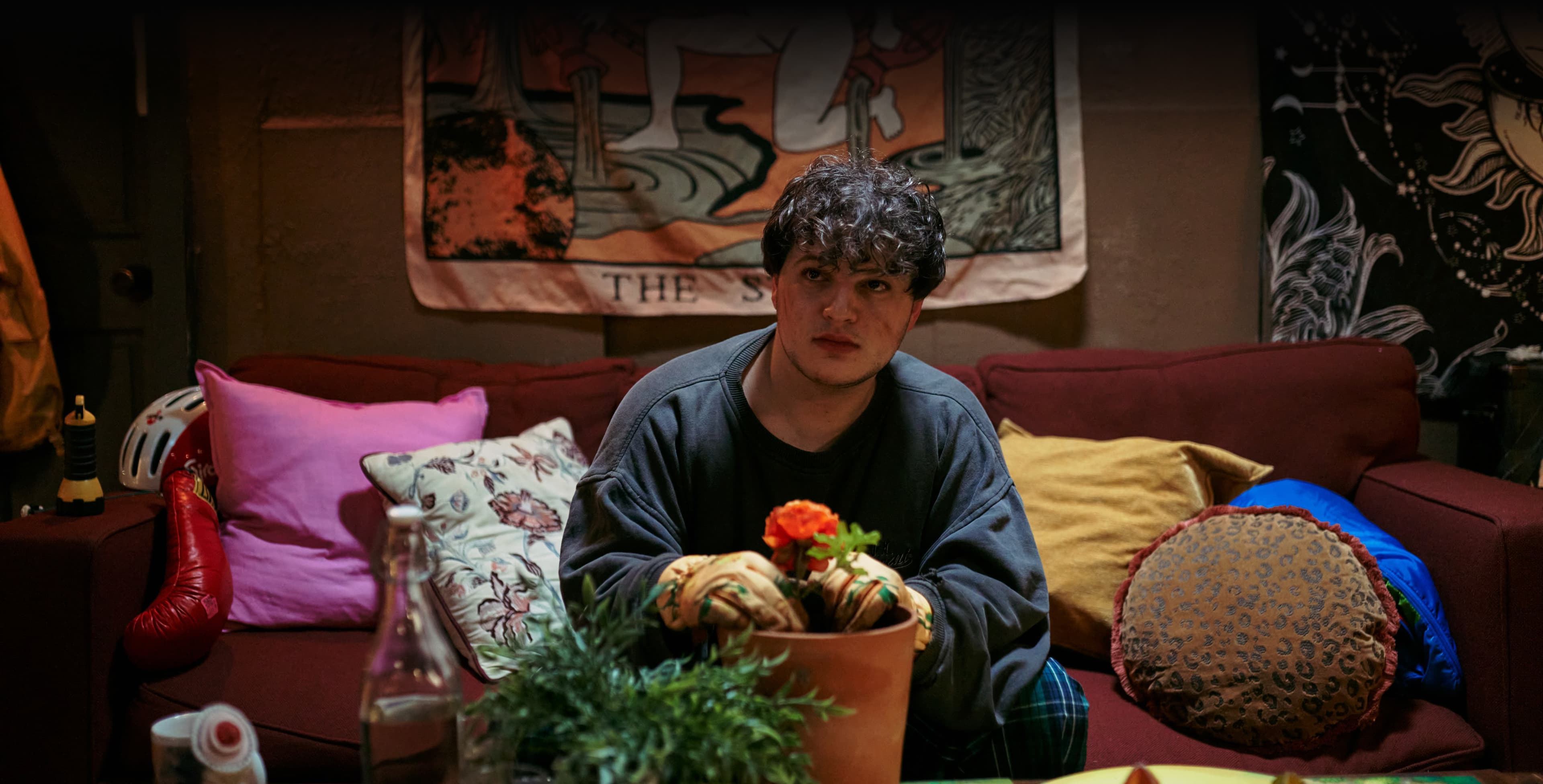 Jacob on a couch with potted plant.